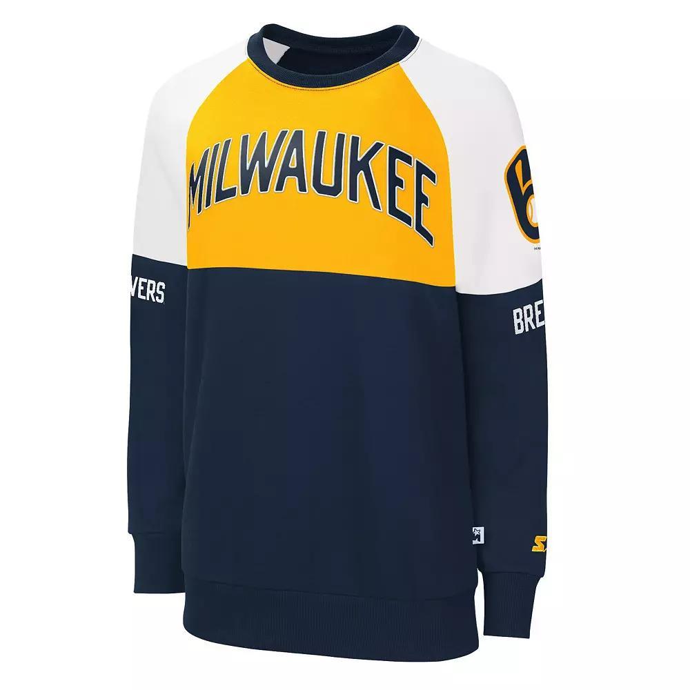 Women's Starter Navy/Gold Milwaukee Brewers Baseline Raglan Pullover Sweatshirt, Size: XS, Blue Product Image