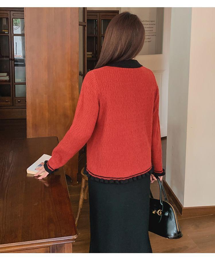 Contrast Collar Heart Button-Up Cardigan Product Image