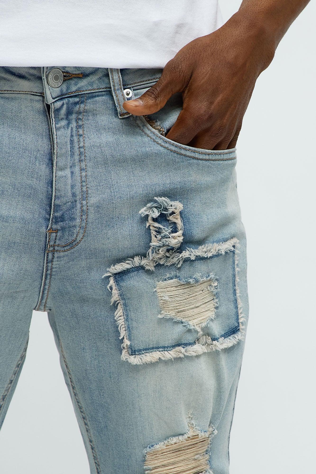 Shredded Patchwork Skinny Jeans - Light Wash Product Image