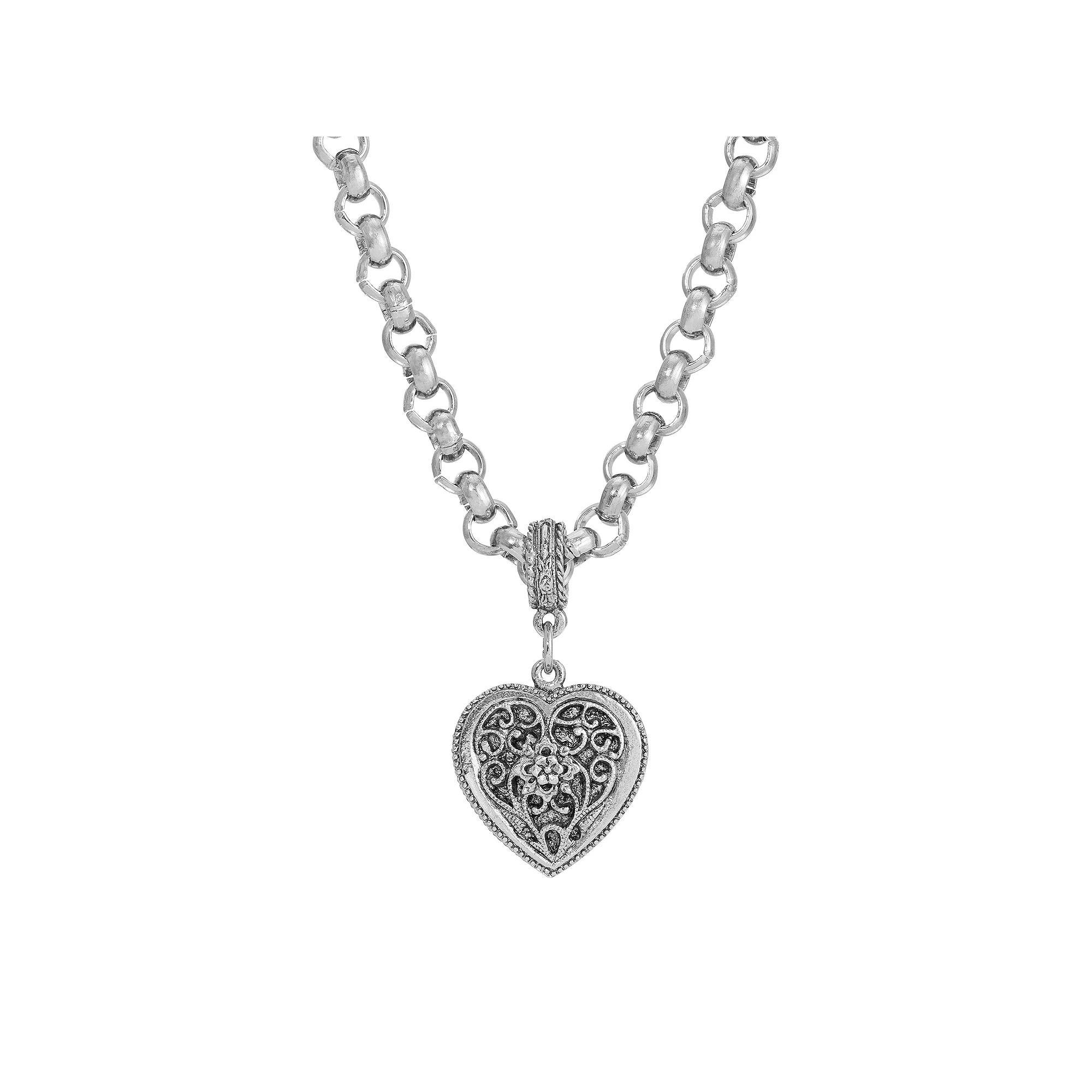 1928 Silver Tone Filigree Heart Necklace, Womens Product Image