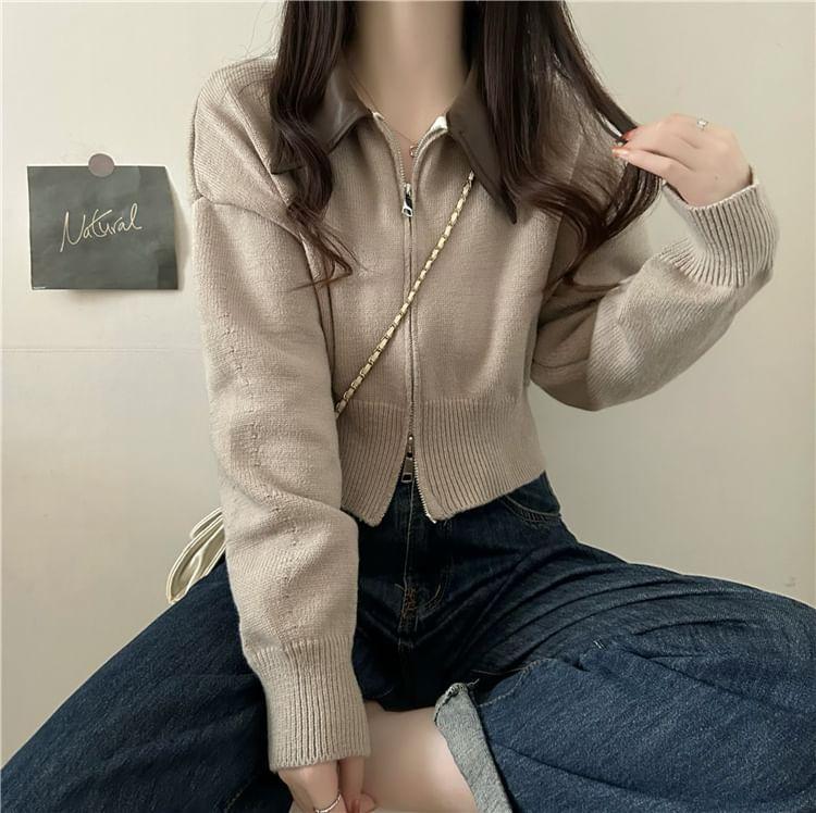 Contrast Faux Leather Collar Zip Cardigan Product Image
