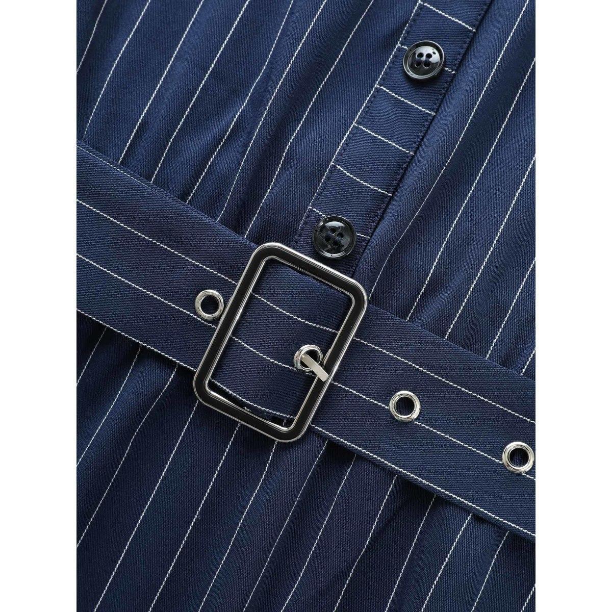 Plus Size Striped Notched Button Detail Belted Dress Navy Women At the Office Belted Flat collar with V-notch Short sleeve Curvy BloomChic 10/M Product Image