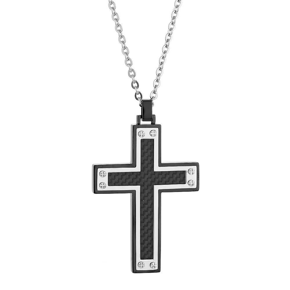 LYNX Men's Stainless Steel & Carbon Fiber Cross Pendant Necklace, Size: 22", Two Tone Product Image