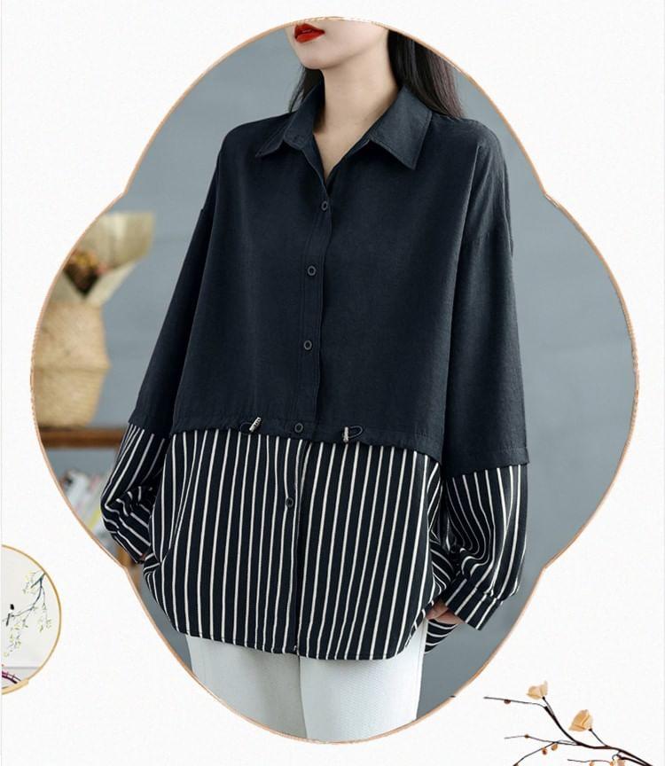 Long-Sleeve Striped Panel Drawstring Waist Button-Up Tunic Shirt Product Image