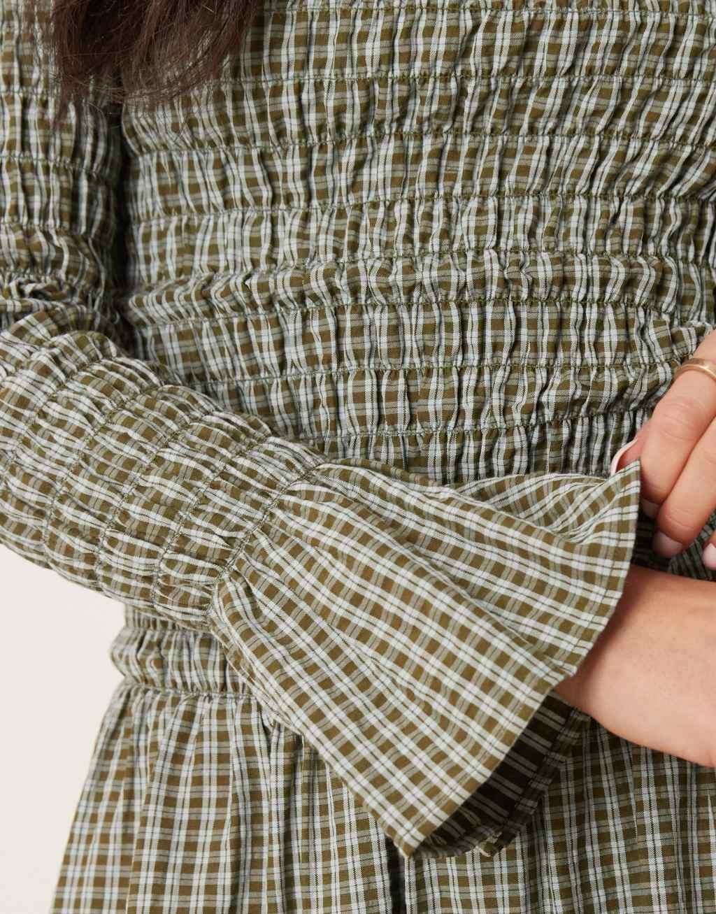 Glamorous long sleeve shirred maxi dress in green and blue check Product Image