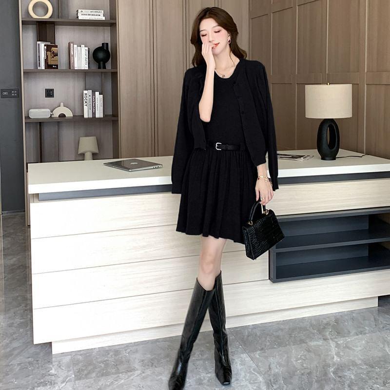 Set: Sleeveless Crew Neck Plain Pleated Mini A-Line Dress + Cardigan Product Image