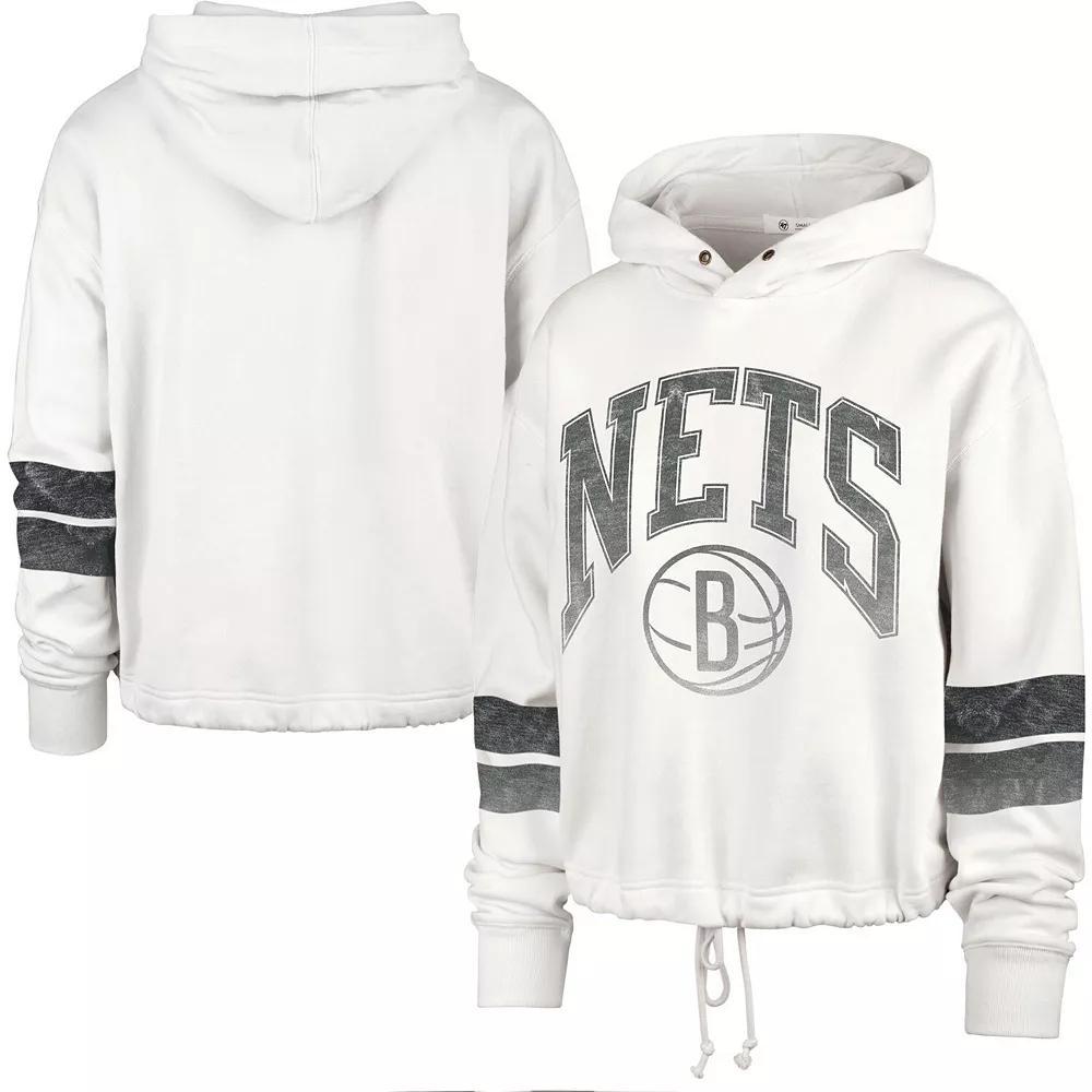 Women's '47 Cream Brooklyn Nets Emerson Stripe Cropped Pullover Hoodie, Size: Large, Beige Product Image