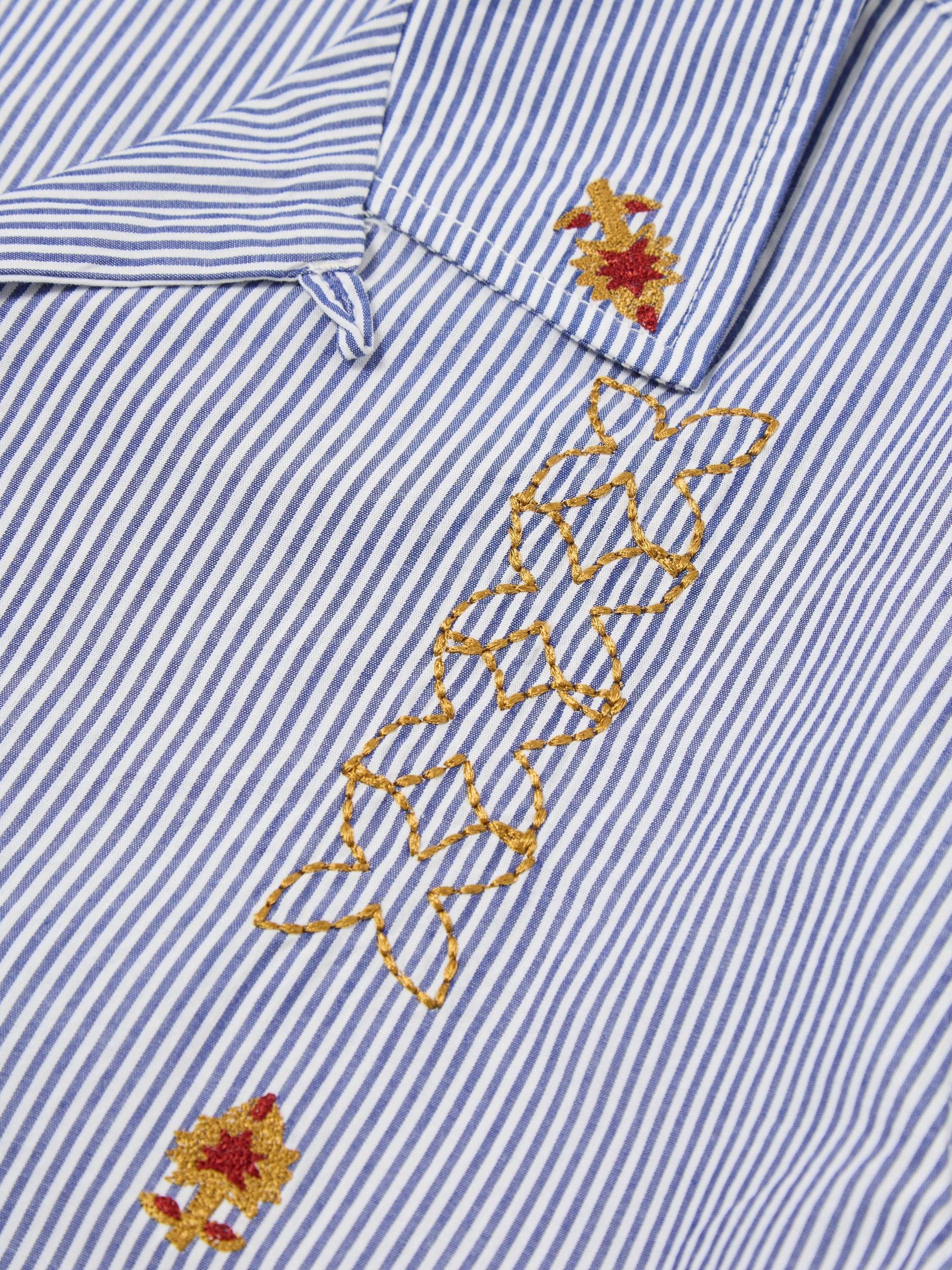 Universal Works Road Shirt in Blue Embroidered Classic Stripe Product Image