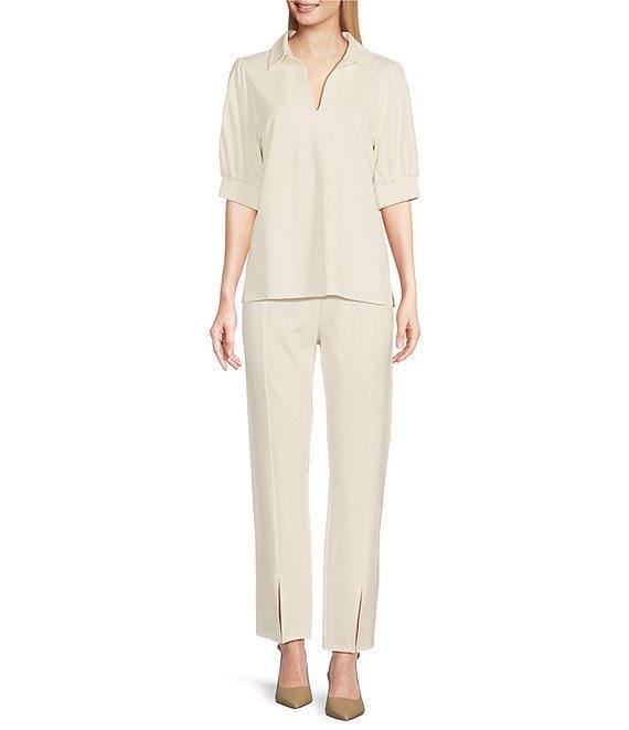 Jude Connally Katia Ponte Knit Split V-Neck Point Collar Short Sleeve Blouse Product Image