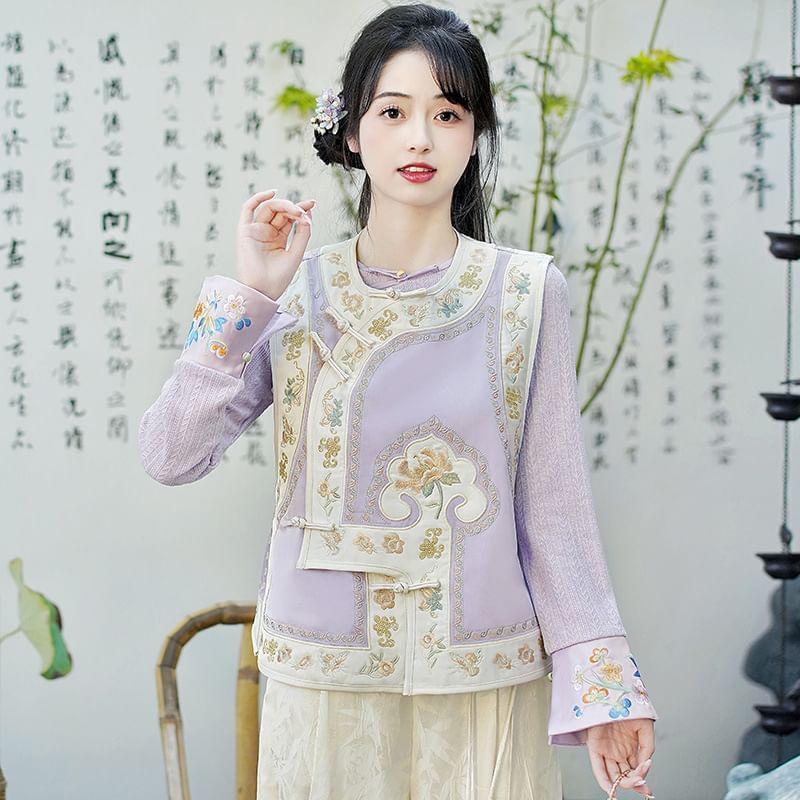 Long-Sleeve Round Neck Floral Embroidered Top / High Waist Floral Jacquard Wide Leg Pants / Vest Product Image