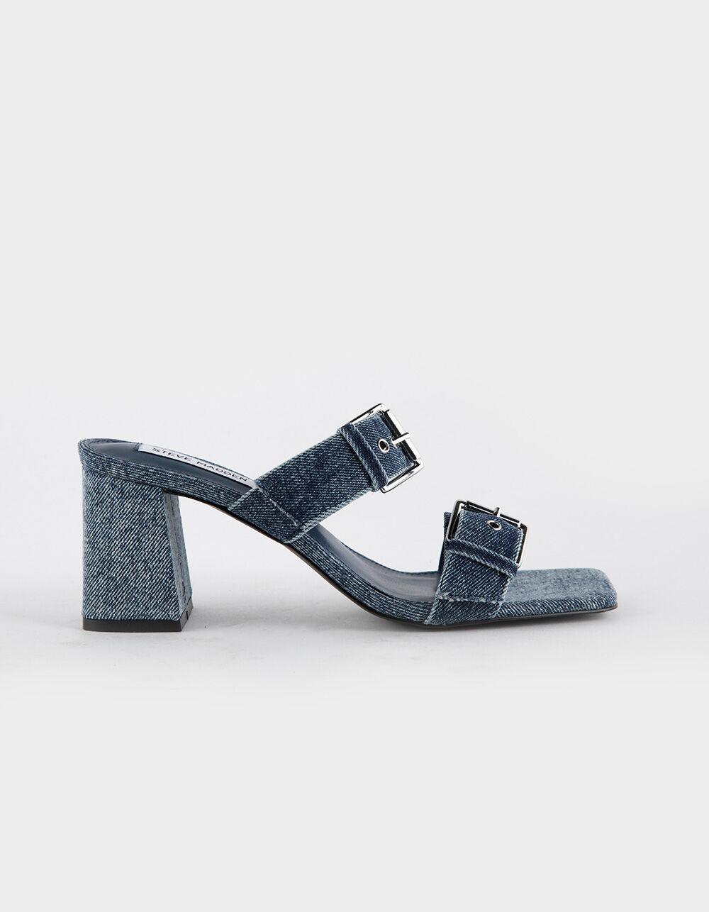 STEVE MADDEN Masterful Double Buckle Womens Heeled Sandals - DENIM Product Image