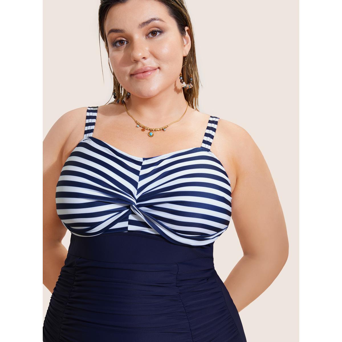Plus Size Striped Patchwork Twist Front One Piece Swimsuit Women's Swimwear Indigo Beach Twist Curve Bathing Suits High stretch One Pieces BloomChic 12/L Product Image