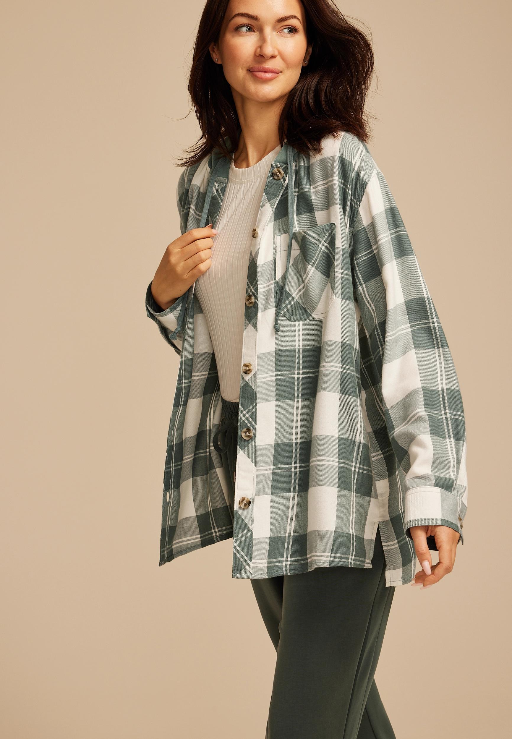 Plaid Hooded Boyfriend Button Down Shirt Product Image