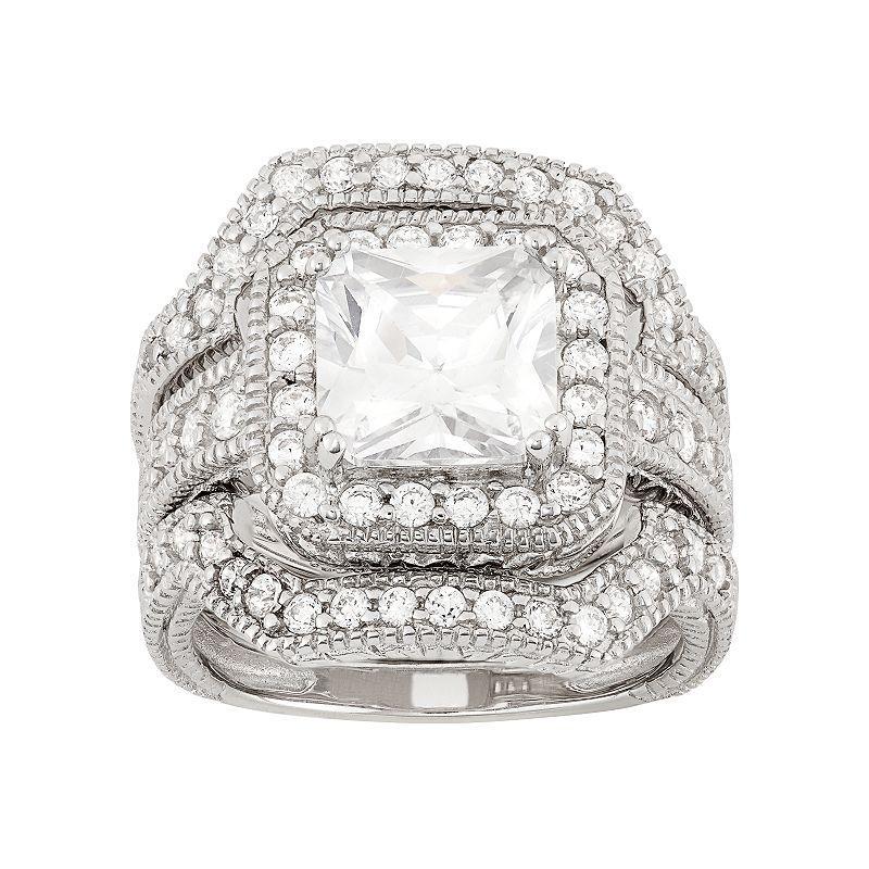 Cubic Zirconia Halo Engagement Ring Set in Sterling Silver, Women's, Size: 9 Product Image