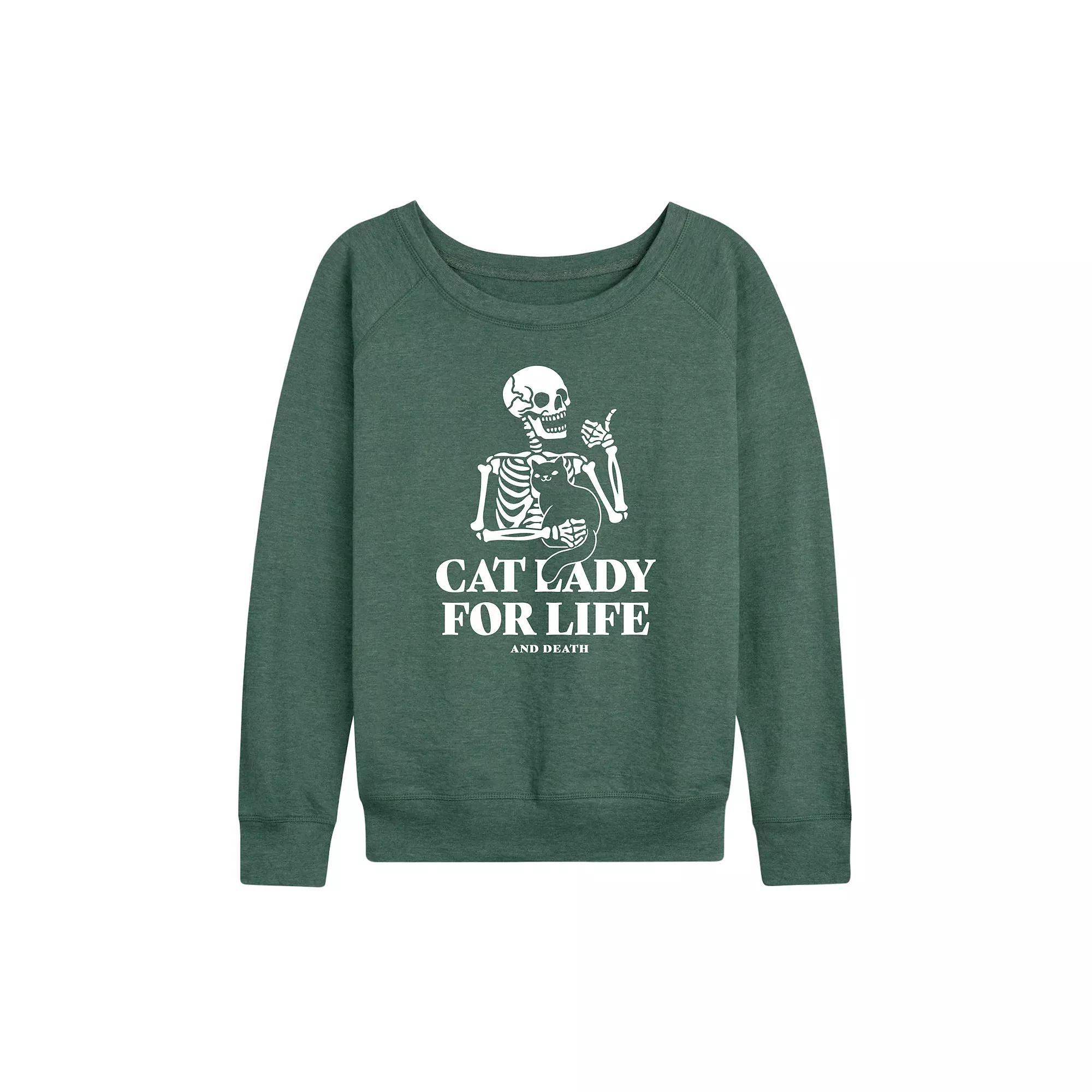 Womens Cat Lady For Life Skeleton French Terry Long Sleeve Tee Grey Blue Product Image