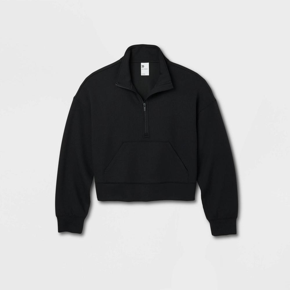 Womens Airy Sleek Ribbed 1/2 Zip Pullover Sweatshirt - All In Motion Black XS: Relaxed Fit, Kangaroo Pocket Product Image