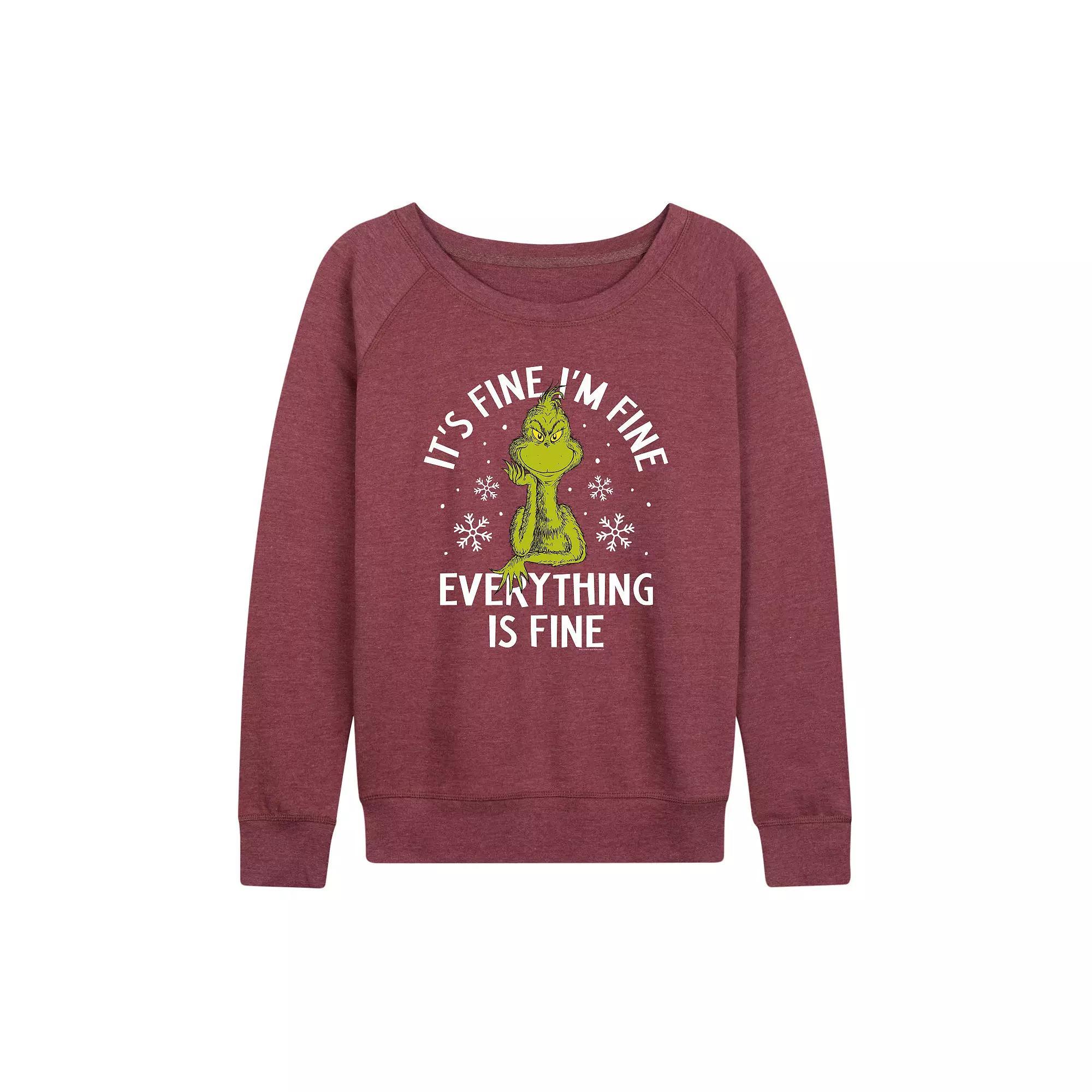 Women's Dr. Seuss Grinch It's Fine I'm Fine French Terry Long Sleeve Tee, Size: Large, Black Product Image