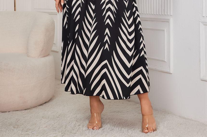 Long Sleeve Mock Neck Patterned Print Panel Maxi A-Line Dress Product Image