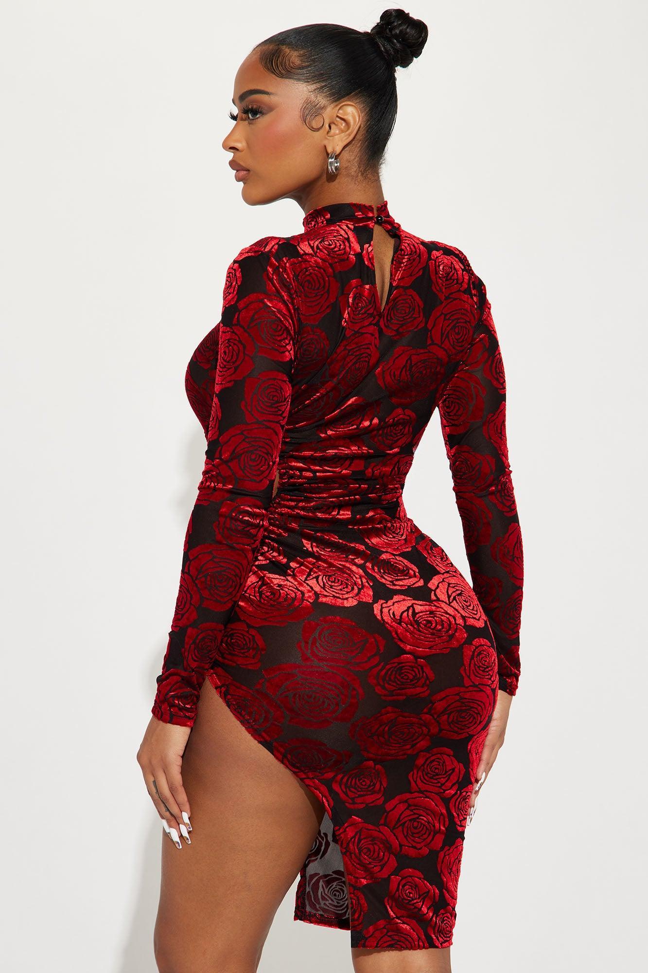 Stop And Smell The Velvet Midi Dress - Black/Red Product Image