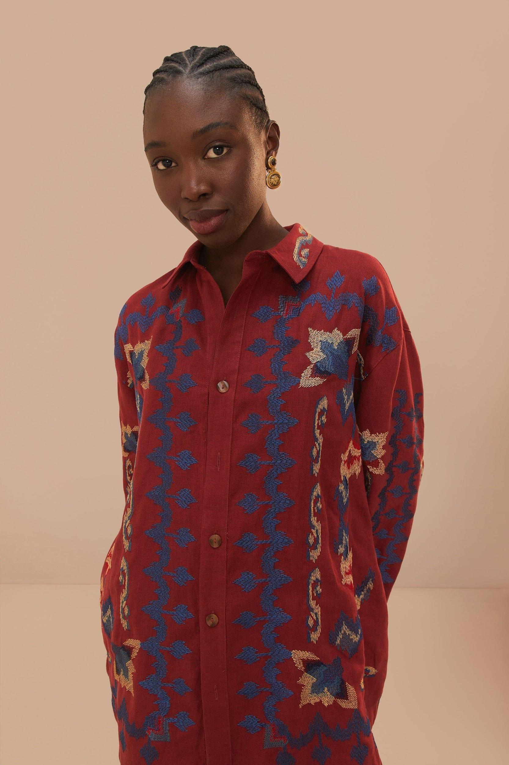 Red Floral Embroidery Jacquard Shirt, BURGUNDY / L Product Image