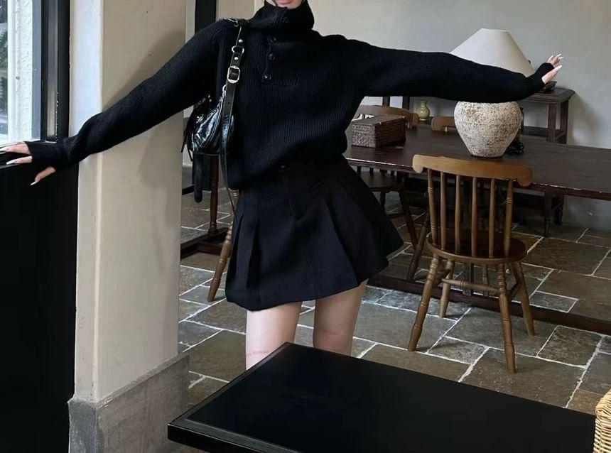 Long Sleeve Mock Neck Plain Button Detail Loose-Fit Sweater Product Image