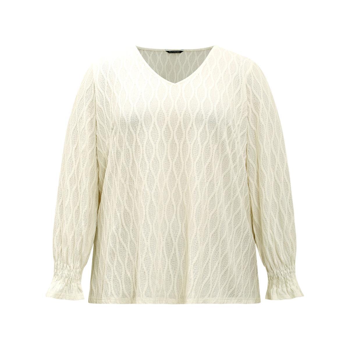 Plus Size Beige V Neck Solid Textured Shirred Blouse Women Office Long Sleeve V-neck Work Blouses BloomChic 26/4X Product Image