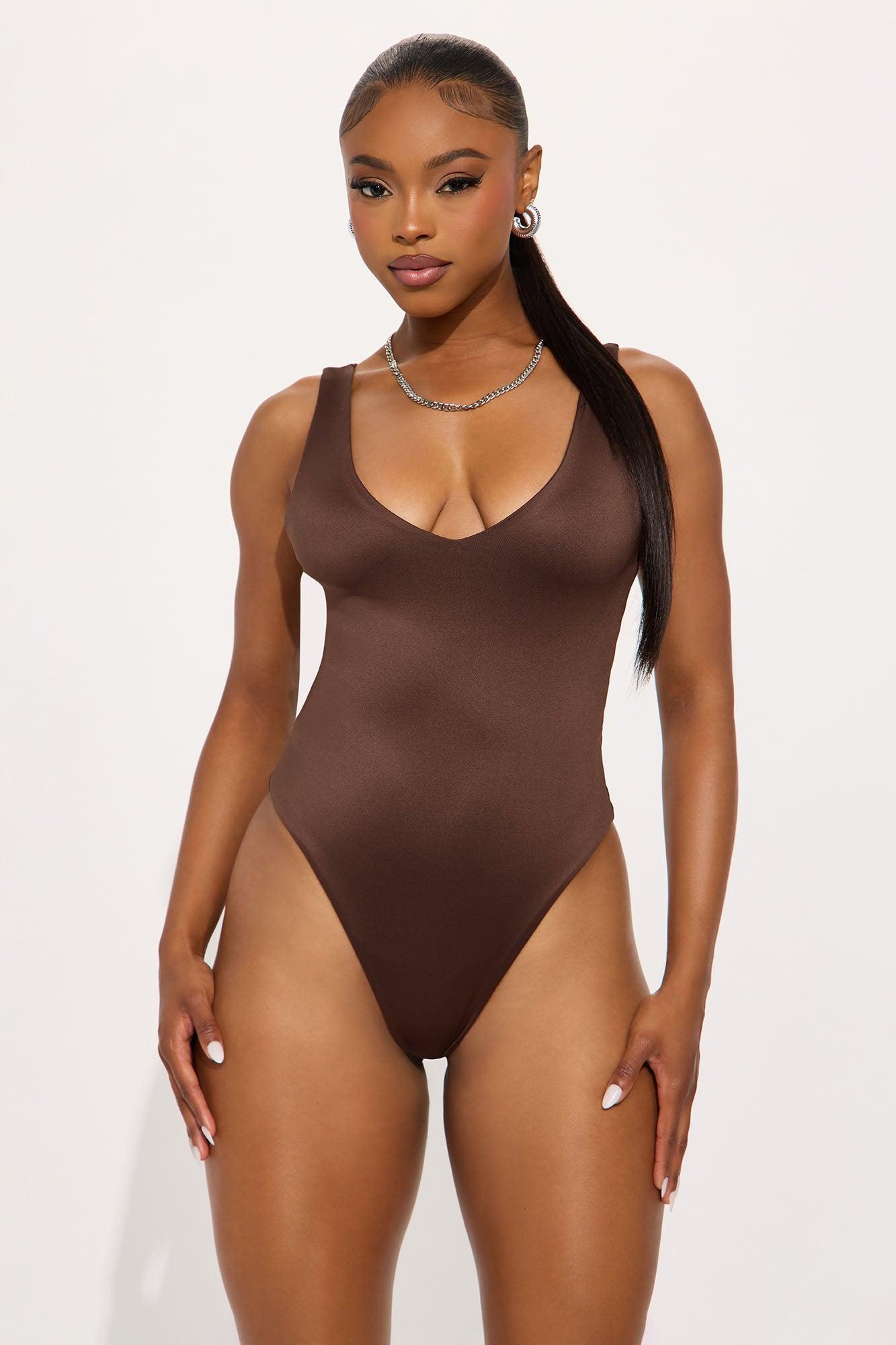 Contour Double Lined V Neck Bodysuit - Chocolate Product Image