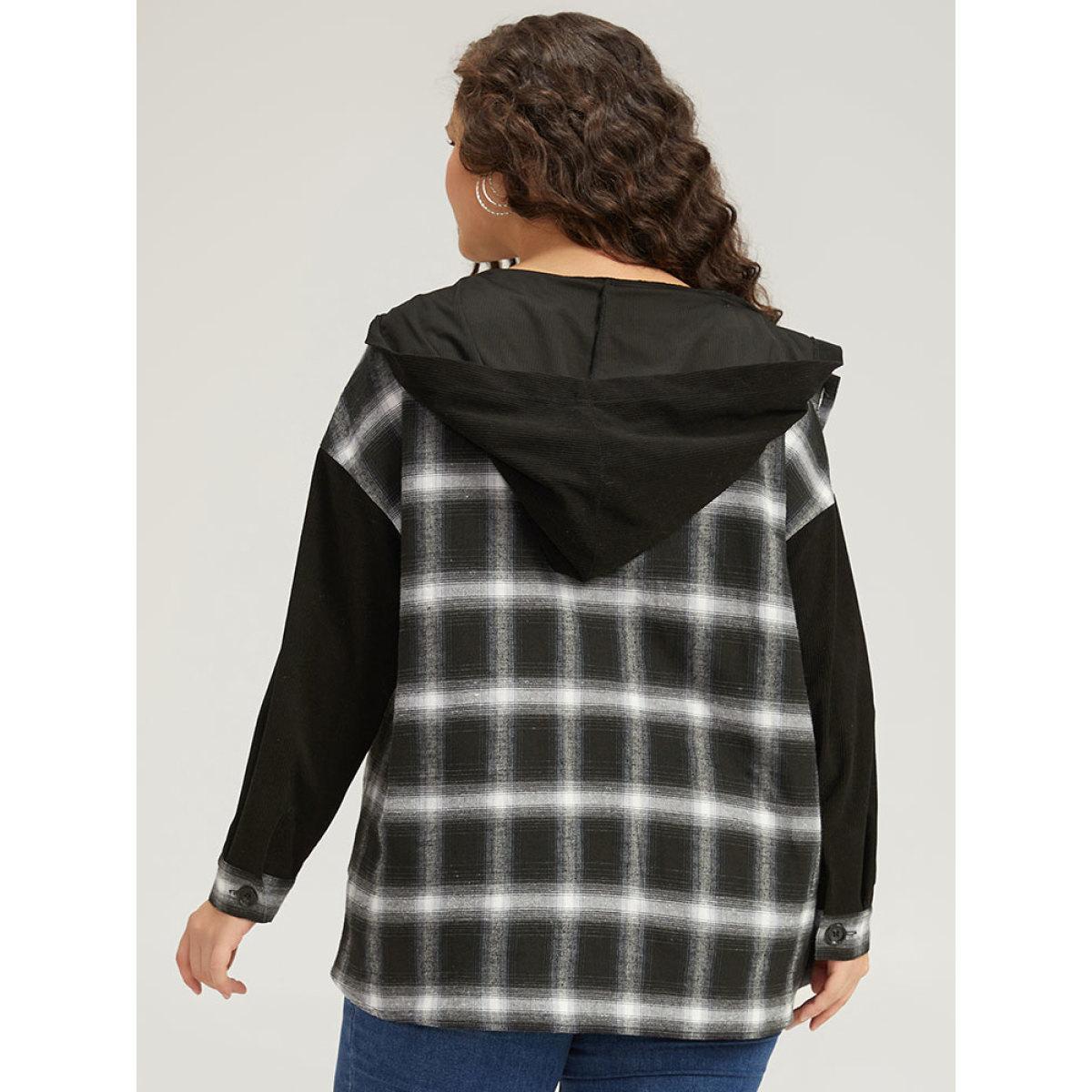 Plus Size Plaid Hooded Patched Pocket Button Up Patchwork Coat Women Black Contrast Pocket Dailywear Jackets BloomChic 14-16/1X Product Image