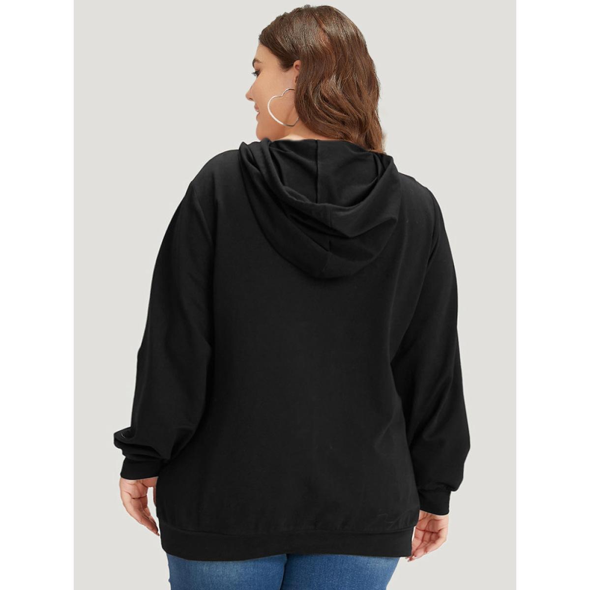 Plus Size Letter Print Pocket Drawstring Hooded Sweatshirt Women Black Casual Elastic cuffs Dailywear Sweatshirts BloomChic 26/4X Product Image