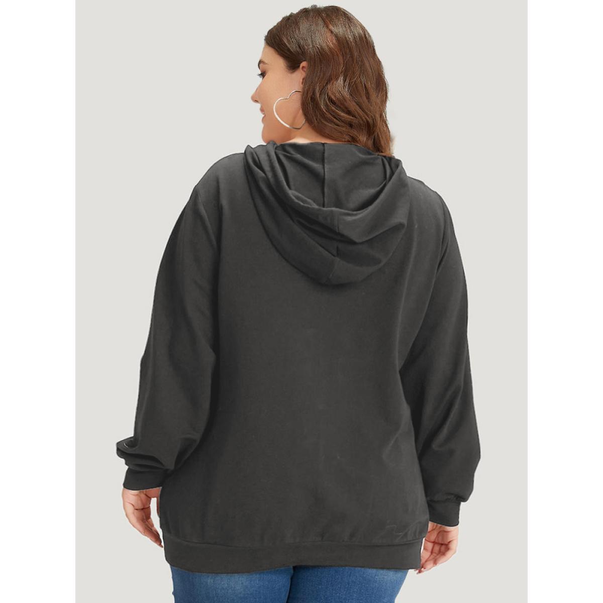 Plus Size Letter Print Pocket Drawstring Hooded Sweatshirt Women Gray Casual Elastic cuffs Dailywear Sweatshirts BloomChic 18-20/2X Product Image