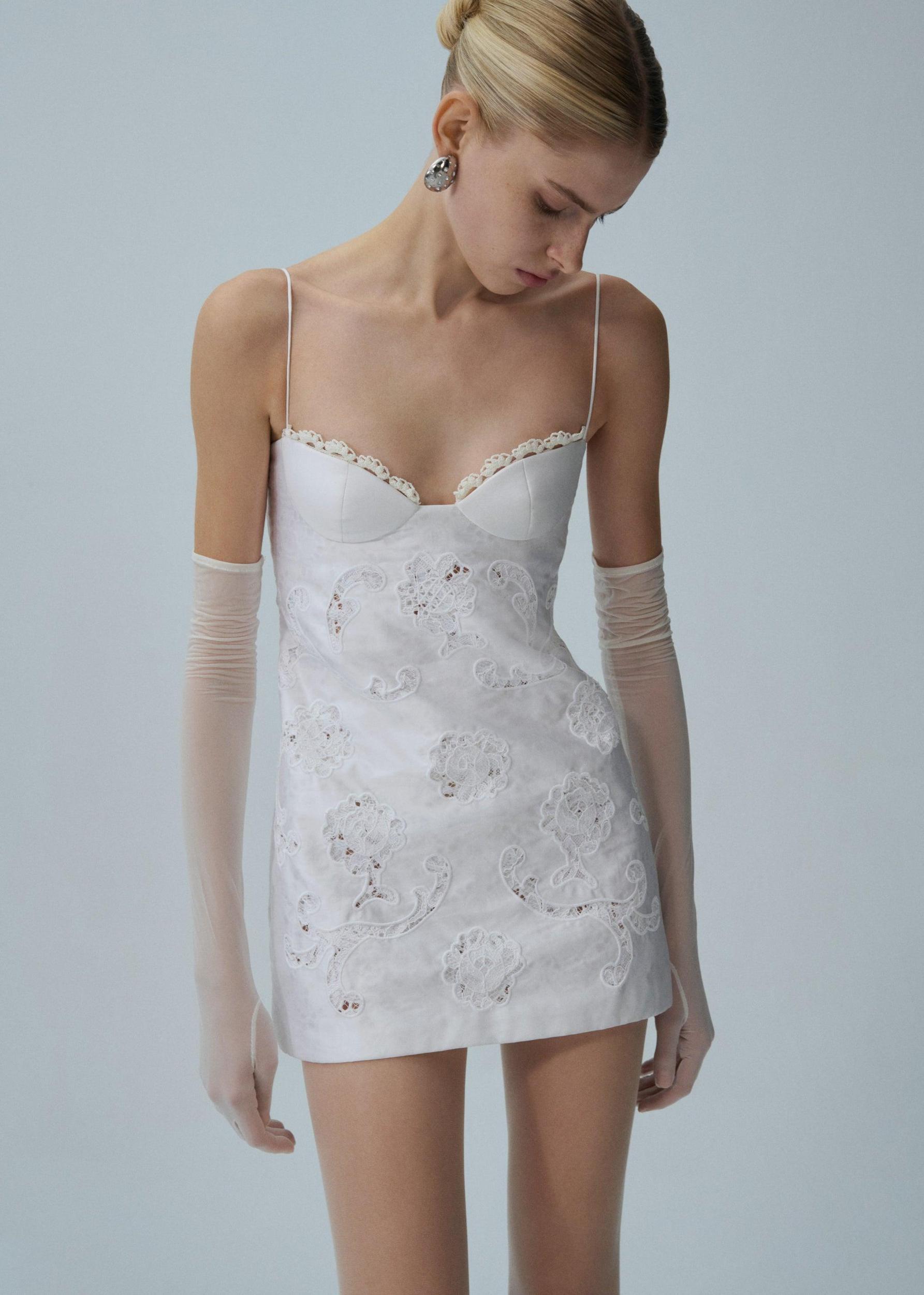 Lace poplin bustier mini dress in white Product Image