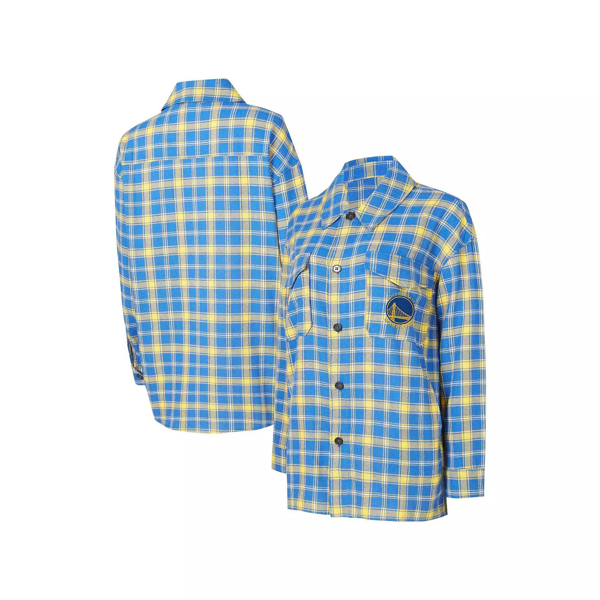 Women's College Concepts Blue/Gold Golden State Warriors Boyfriend Button-Up Nightshirt, Size: Medium Product Image