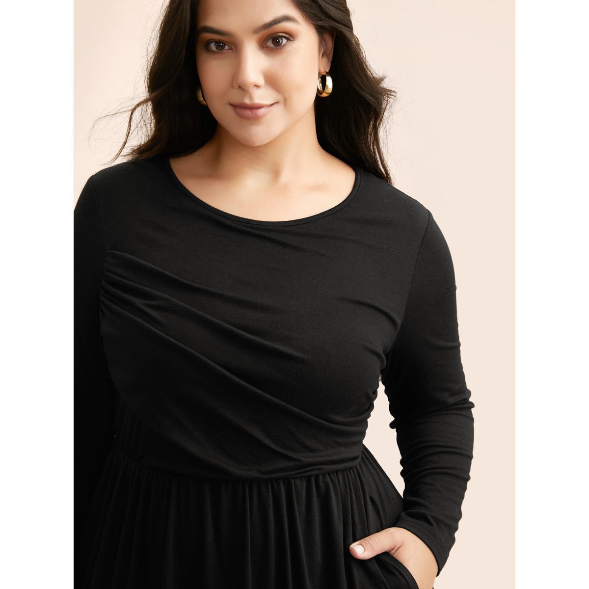 Plus Size Supersoft Essentials Boat Neck Gathered Dress Pureblack Women Casual Gathered Boat Neck Long Sleeve Curvy BloomChic 26/4X Product Image