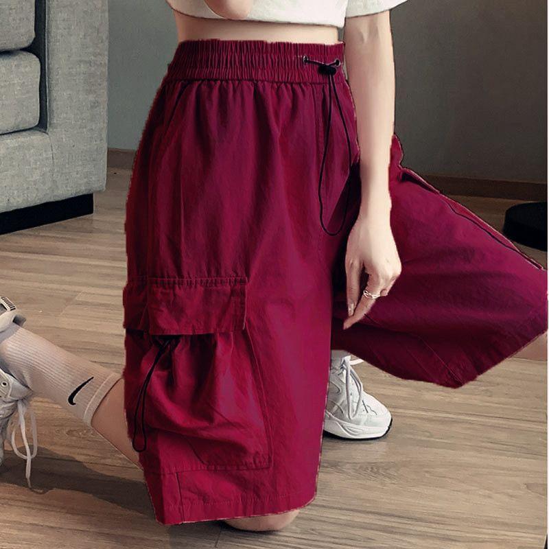 High Waist Plain Wide Leg Cargo Shorts Product Image