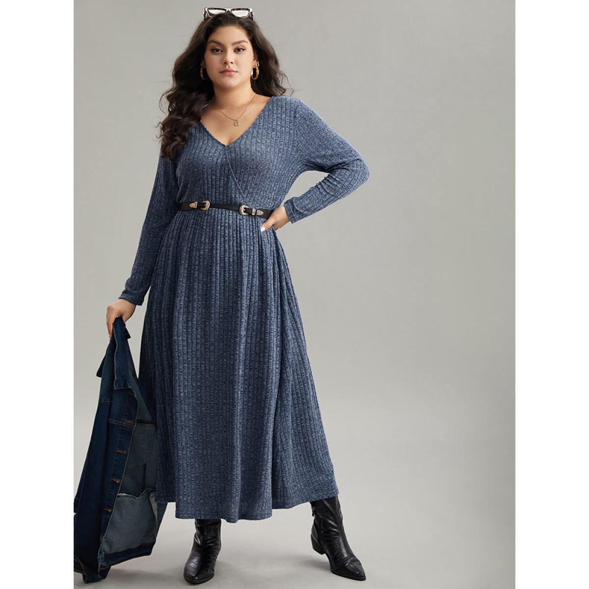 Plus Size Solid Rib Knit Overlap Collar Pocket Dress Indigo Women Casual Texture Overlap Collar Long Sleeve Curvy Midi Dress BloomChic 10/M Product Image