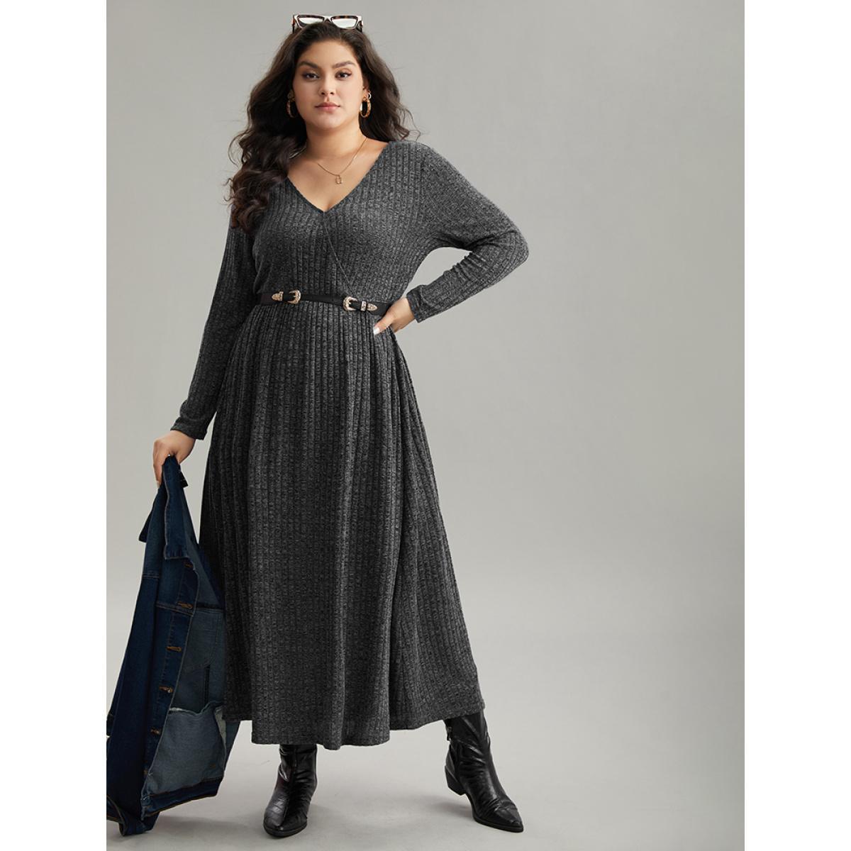 Plus Size Solid Rib Knit Overlap Collar Pocket Dress DimGray Women Casual Texture Overlap Collar Long Sleeve Curvy Midi Dress BloomChic 28/5X Product Image