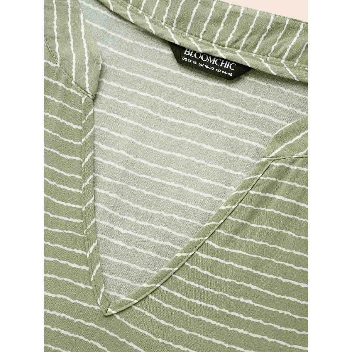 Plus Size Striped Patchwork Notched Flutter Layered Babydoll Dress Moss Women Office Gathered Notched collar Short sleeve Curvy Midi Dress BloomChic 14-16/1X Product Image