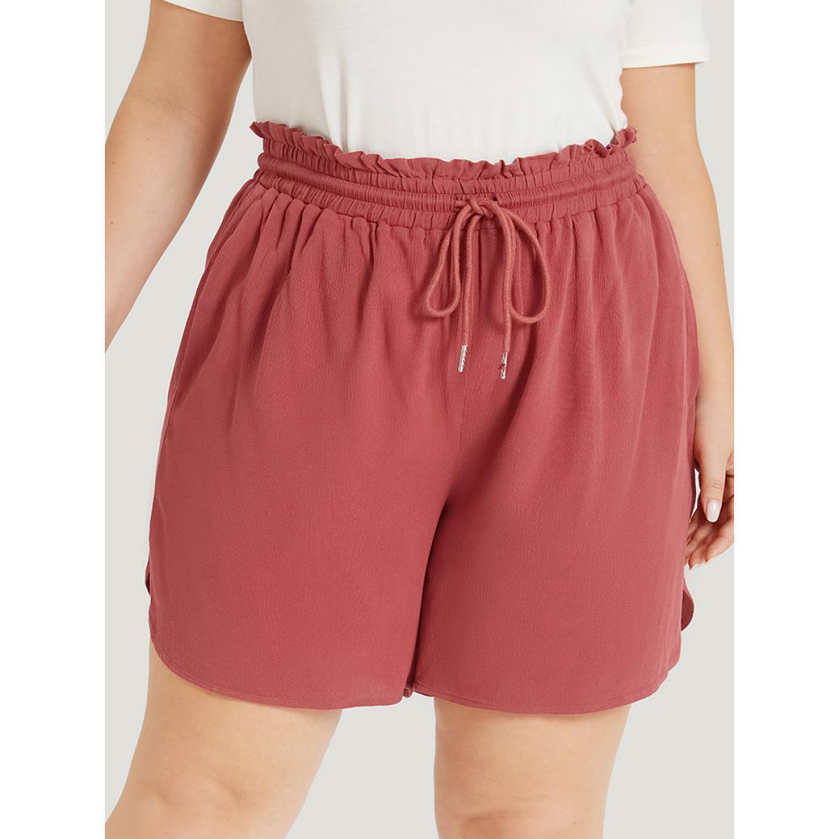Plus Size Plain Textured Pocket Paperbag Waist Drawstring Split Side Shorts Women Russet Elegant Plain Dailywear Shorts BloomChic 12/L Product Image