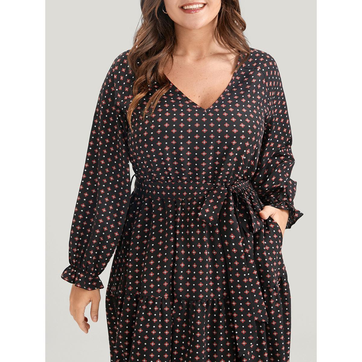 Plus Size Geometric Belted Lantern Sleeve Pocket Ruffle Tiered Dress Black Women Elegant Pocket V-neck Long Sleeve Curvy Midi Dress BloomChic 10/M Product Image