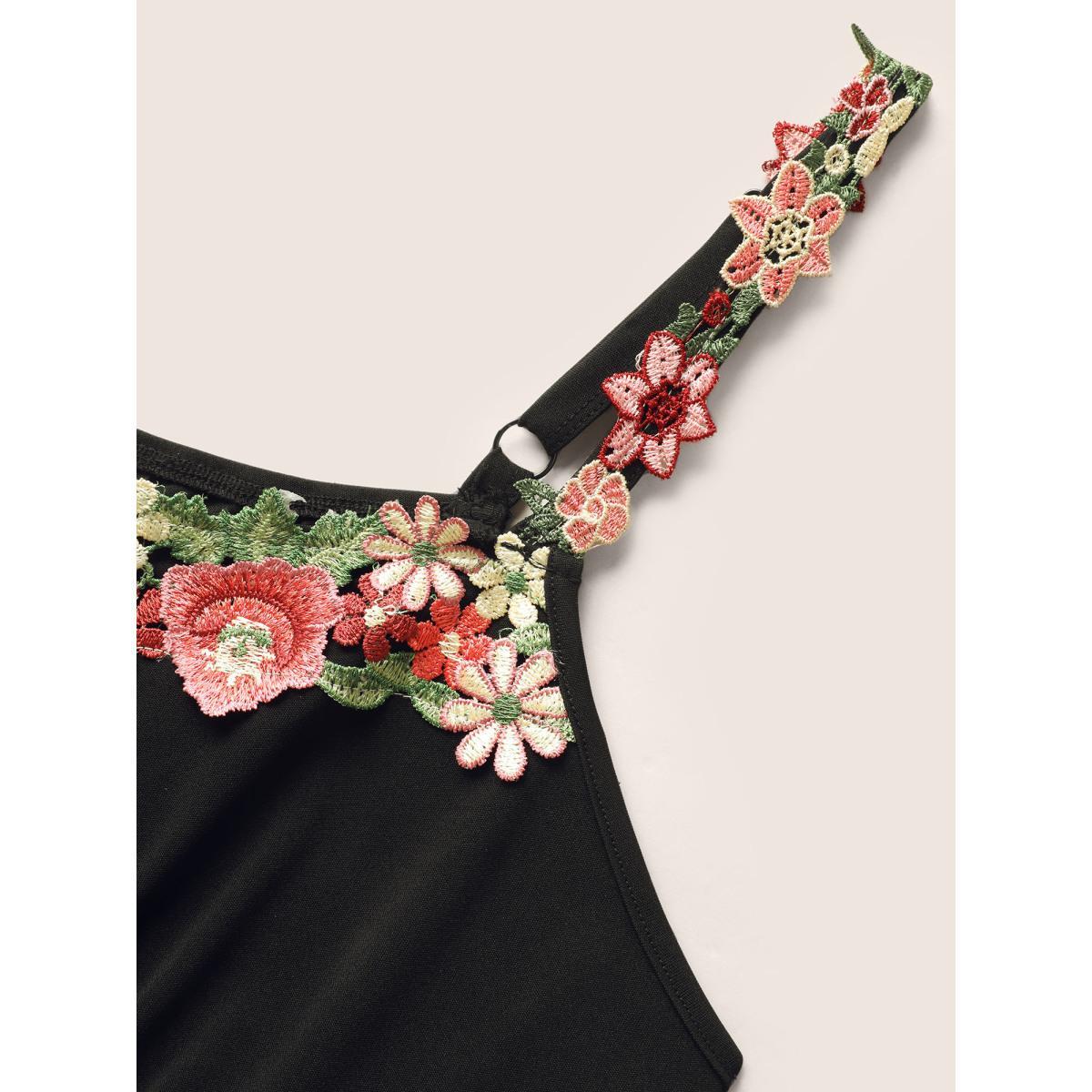 Plus Size Floral Embroidered Pocket Midi Cami Dress Black Women Elegant Embroidered Heart neckline Sleeveless Curvy BloomChic 18-20/2X Product Image