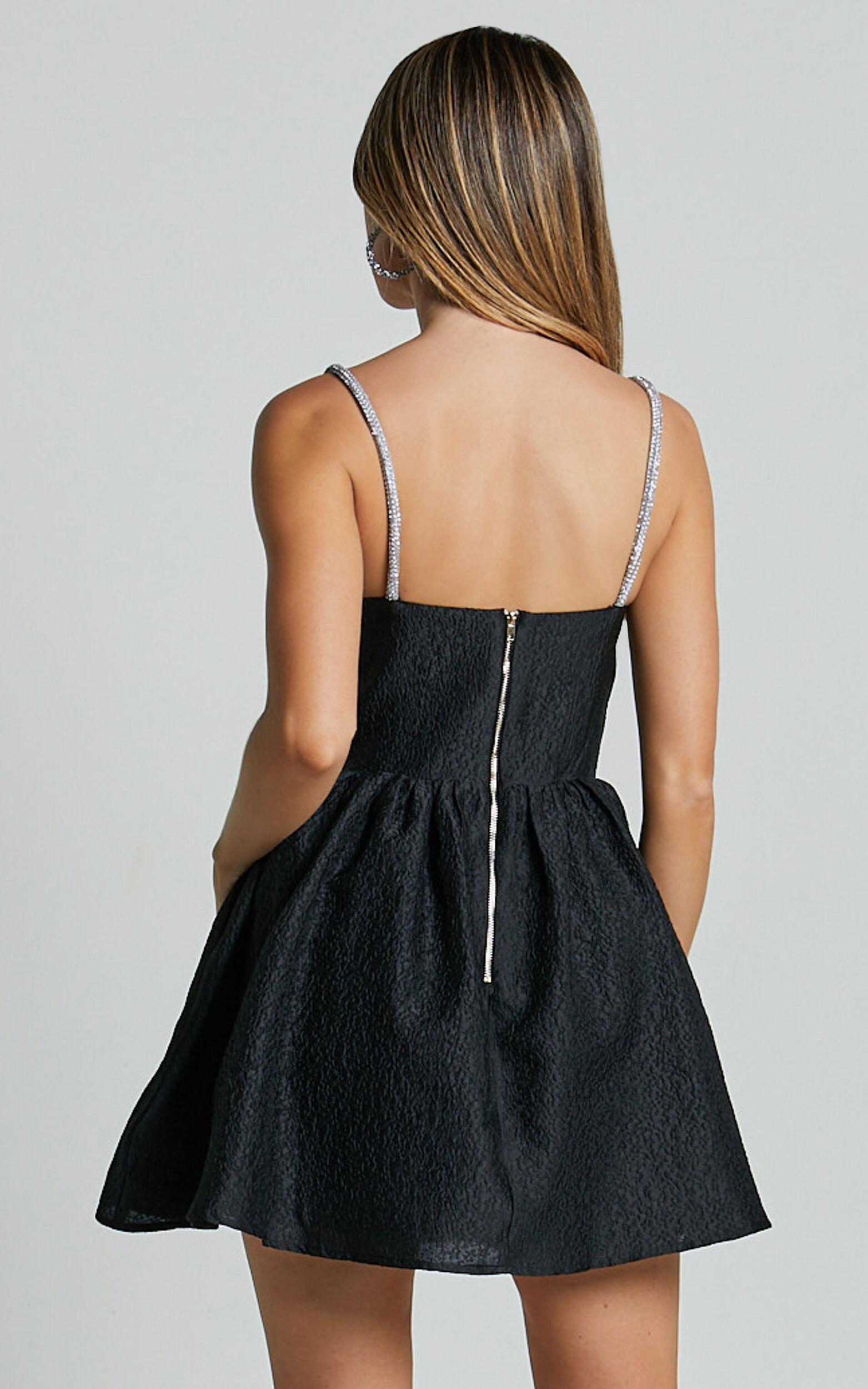 Cora Mini Dress - Diamante Detail Textured Mini Dress in Black Product Image
