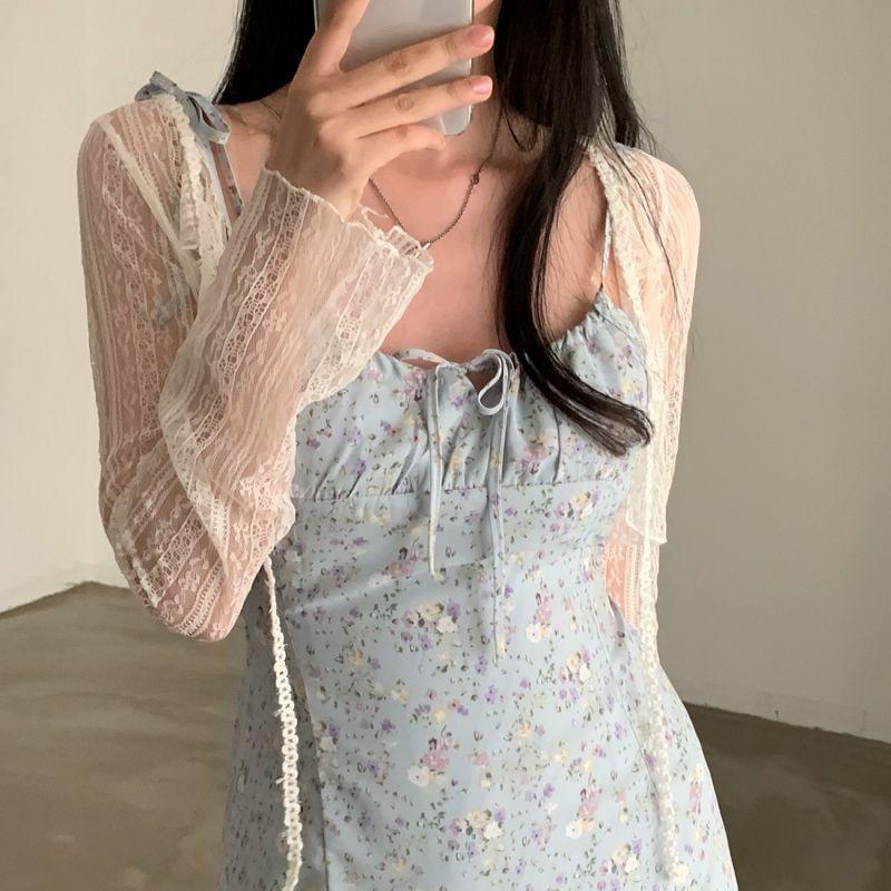 Spaghetti Strap Floral Print Ruffle Hem Mini Dress Product Image