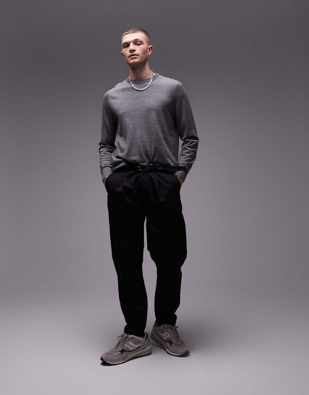 ARKET merino wool sweater with crew neck in dark gray melange Product Image