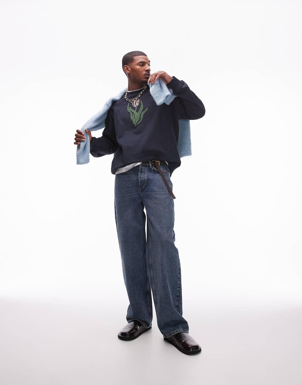 Topman oversized fit sweatshirt with front and back tulip chenille embroidery in navy Product Image