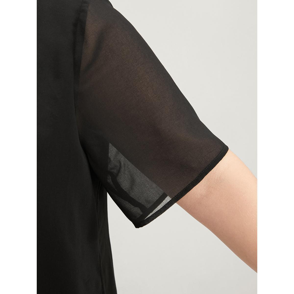 Plus Size Black Plain V Neck Mesh Ruffle Tiered Blouse Women Casual Short sleeve V-neck Dailywear Blouses BloomChic 28/5X Product Image