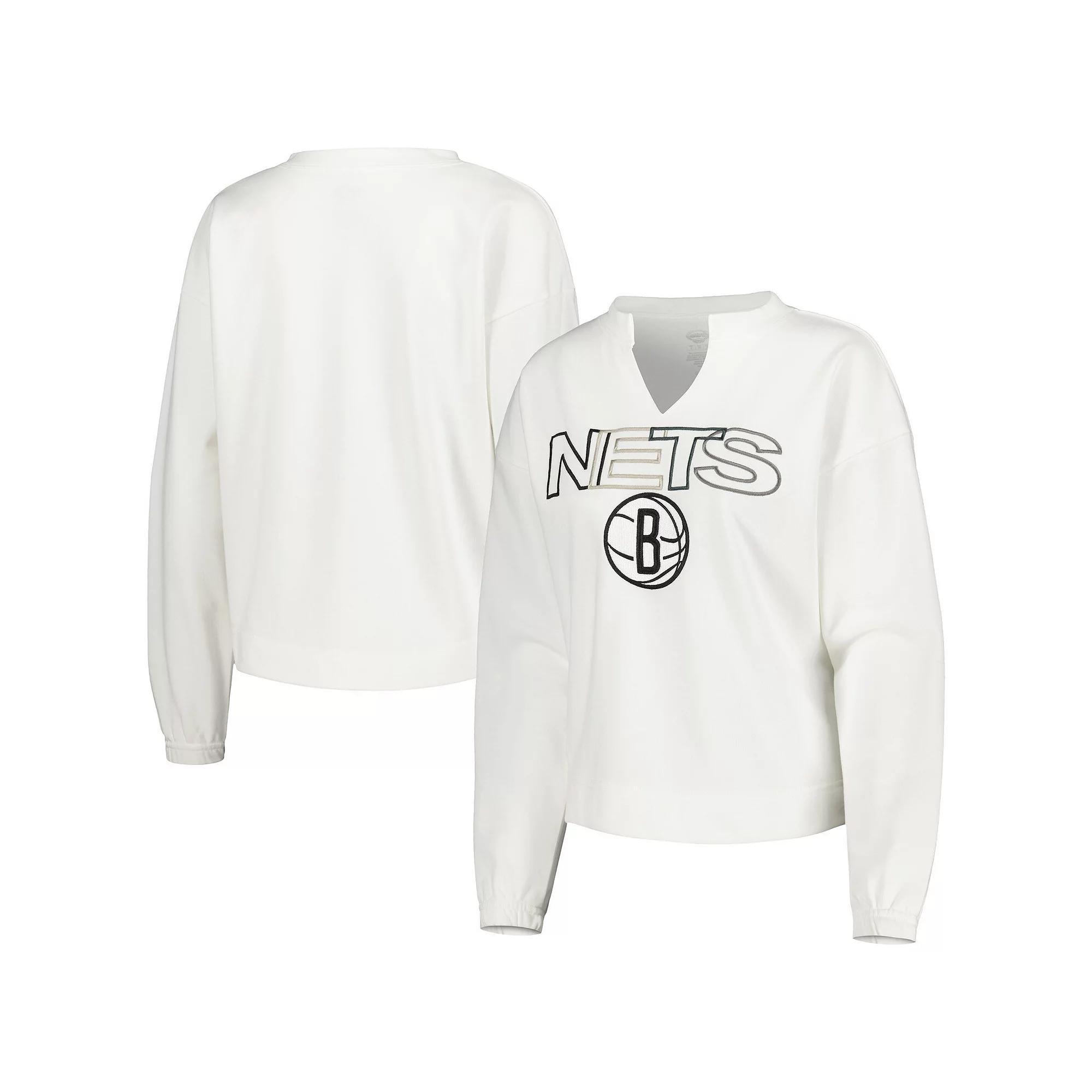 Women's Concepts Sport  White Brooklyn Nets Sunray Notch Neck Long Sleeve T-Shirt, Size: Medium Product Image