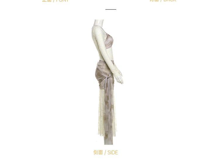 Long-Sleeve Tie Dye Lace Panel Maxi Sheath Dress Product Image