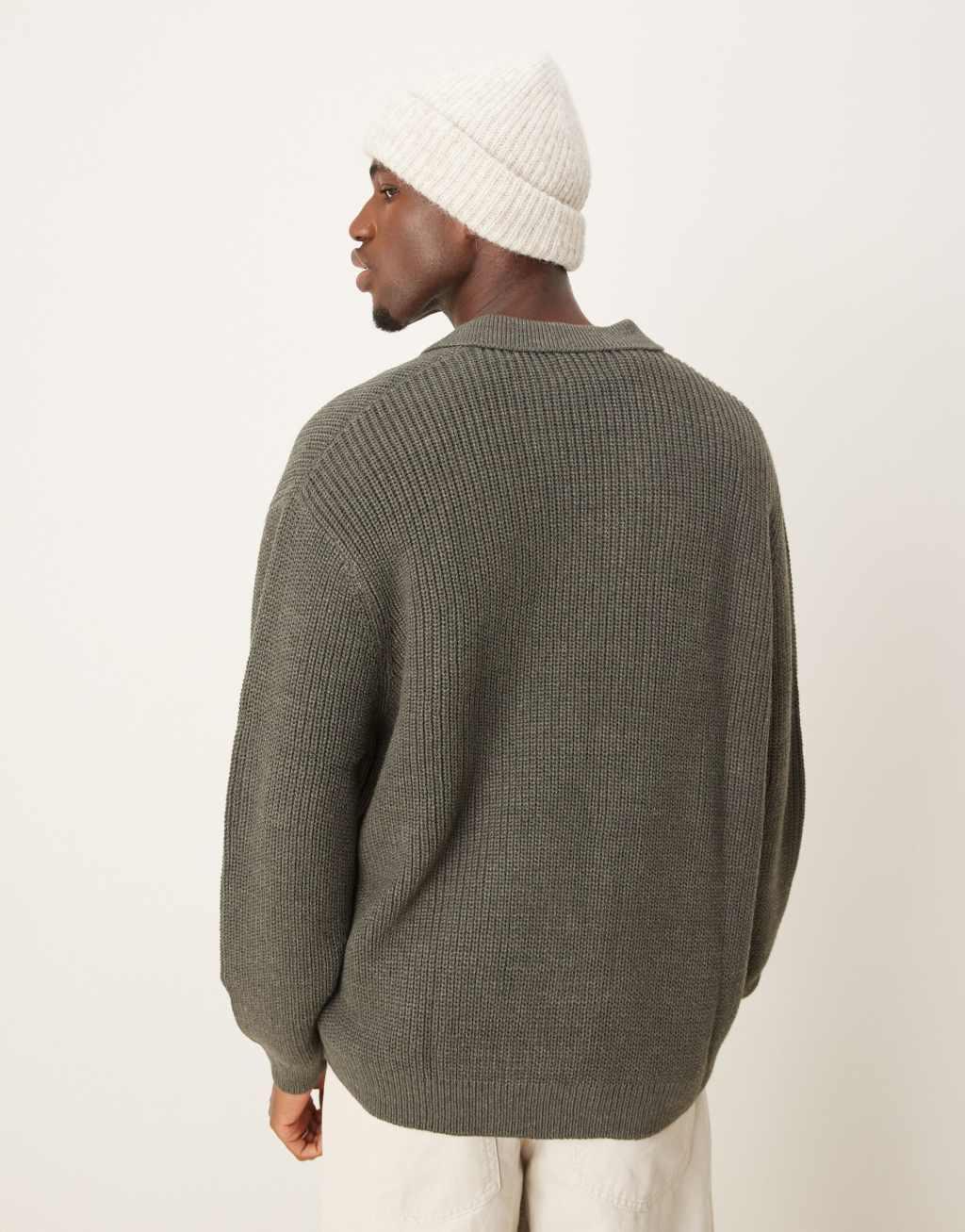 ASOS DESIGN oversized knit fisherman ribbed notch neck sweater in charcoal heather Product Image