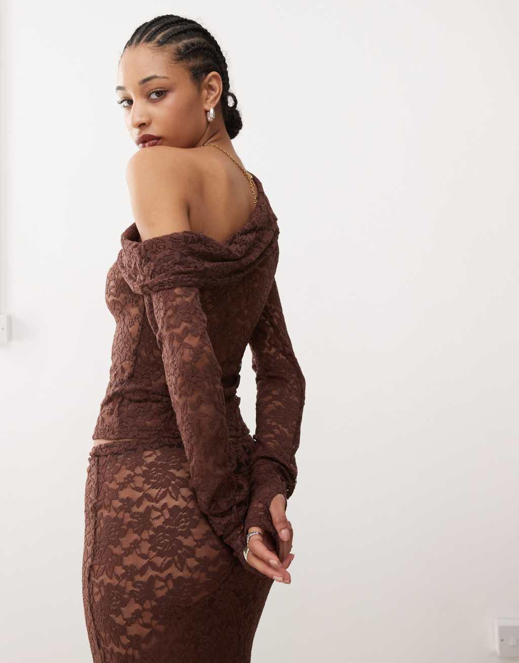 Lioness asymmetric lace top in chocolate brown - part of a set Product Image