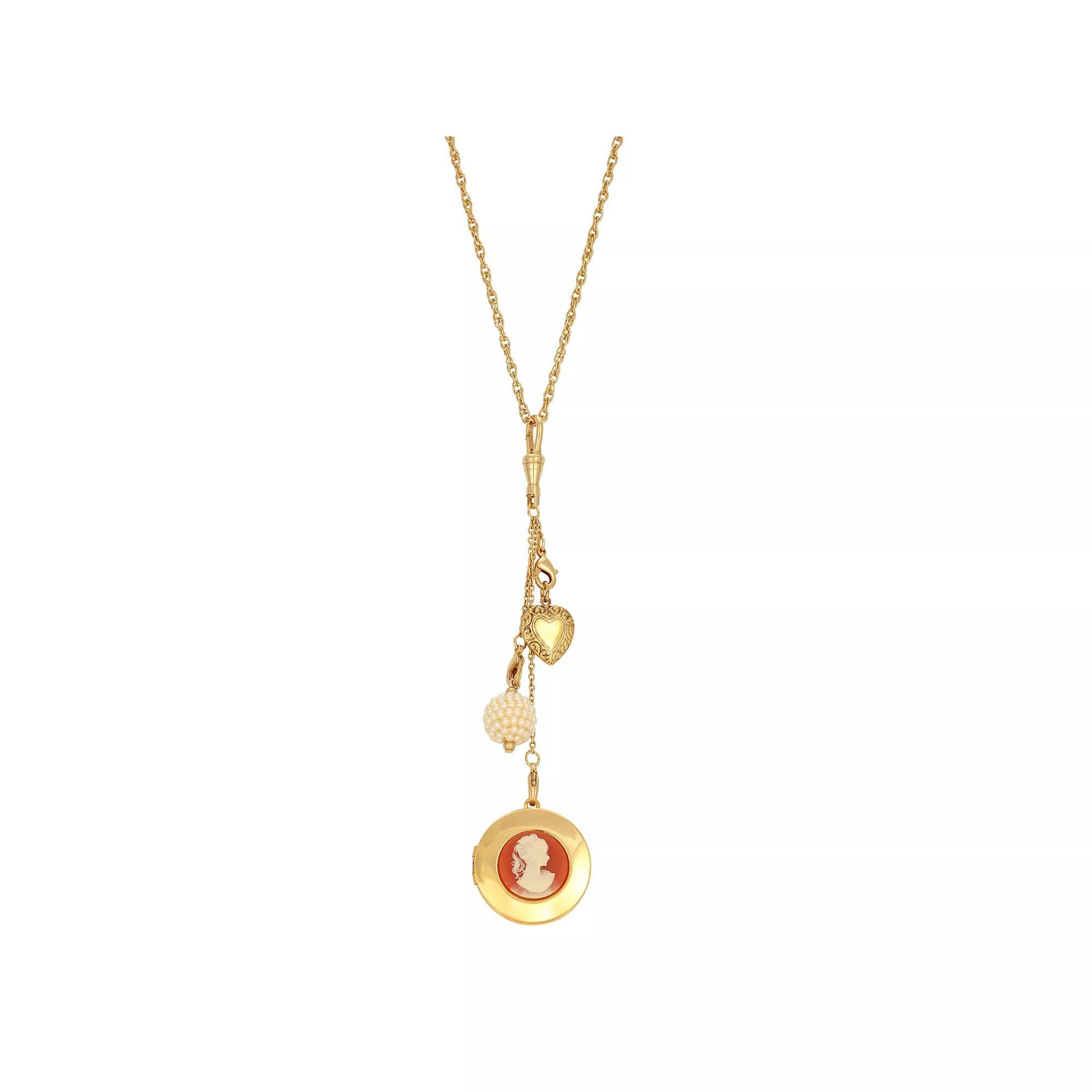 1928 Gold Tone Carnelian Cameo Locket & Charm Necklace, Womens, Orange Product Image